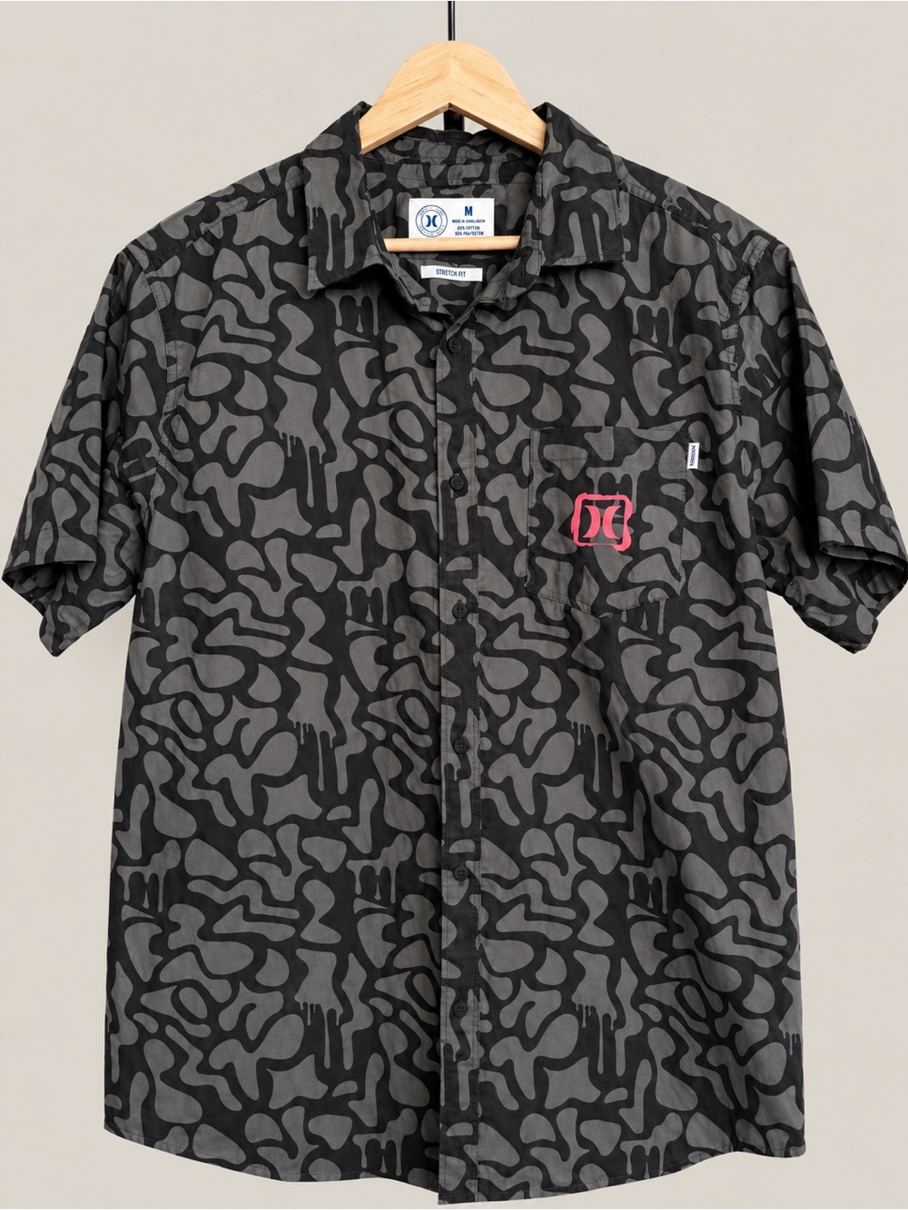 Hurley Stretch Fit Button Up Shirt Gray Abstract Camo Print Men’s Medium